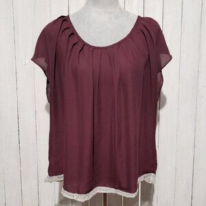 LC Lauren Conrad XXL Top Blouse Burgundy Lace Trim Short Sleeve Tie Back 2X